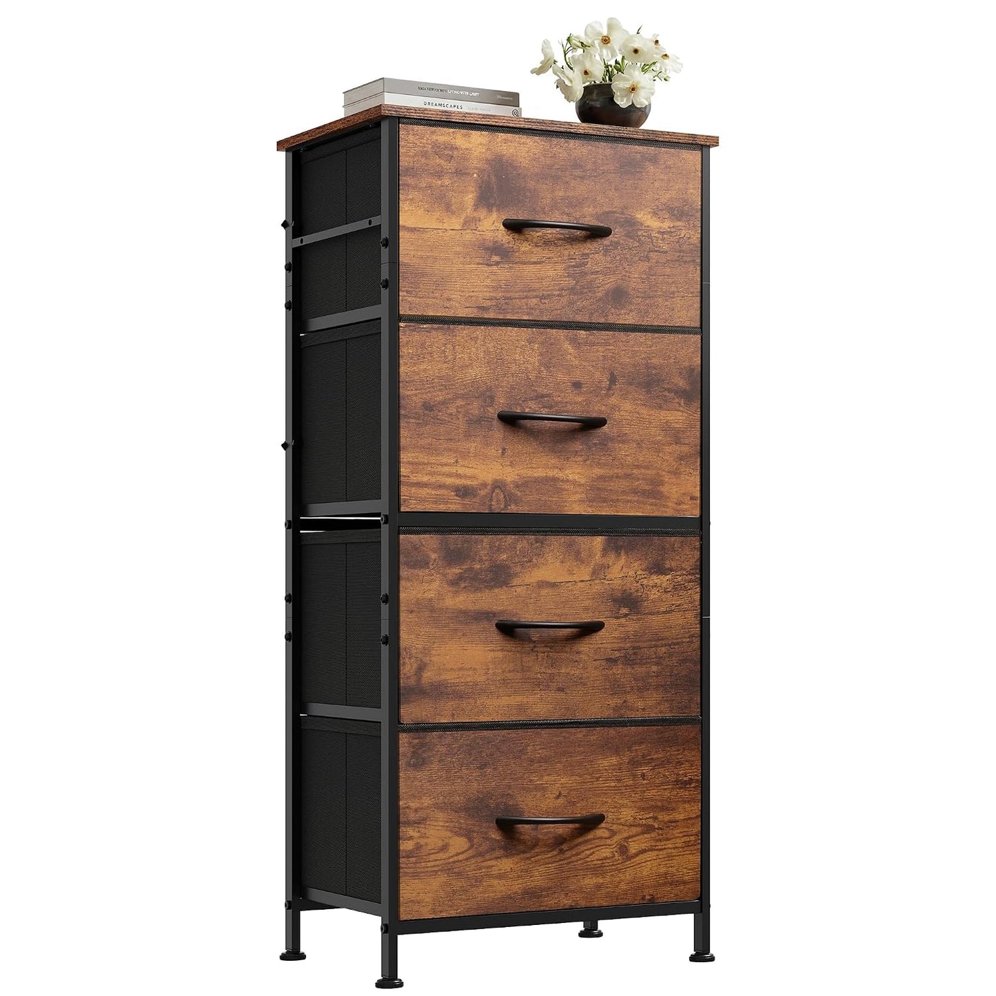 WLIVE Small Dresser Nightstand for Bedroom, 4 Drawers, Rustic Brown | 4 vertical fabric drawers, Space-saving tower, Bedroom or closet use, Chest of drawers, Dresser for small spaces