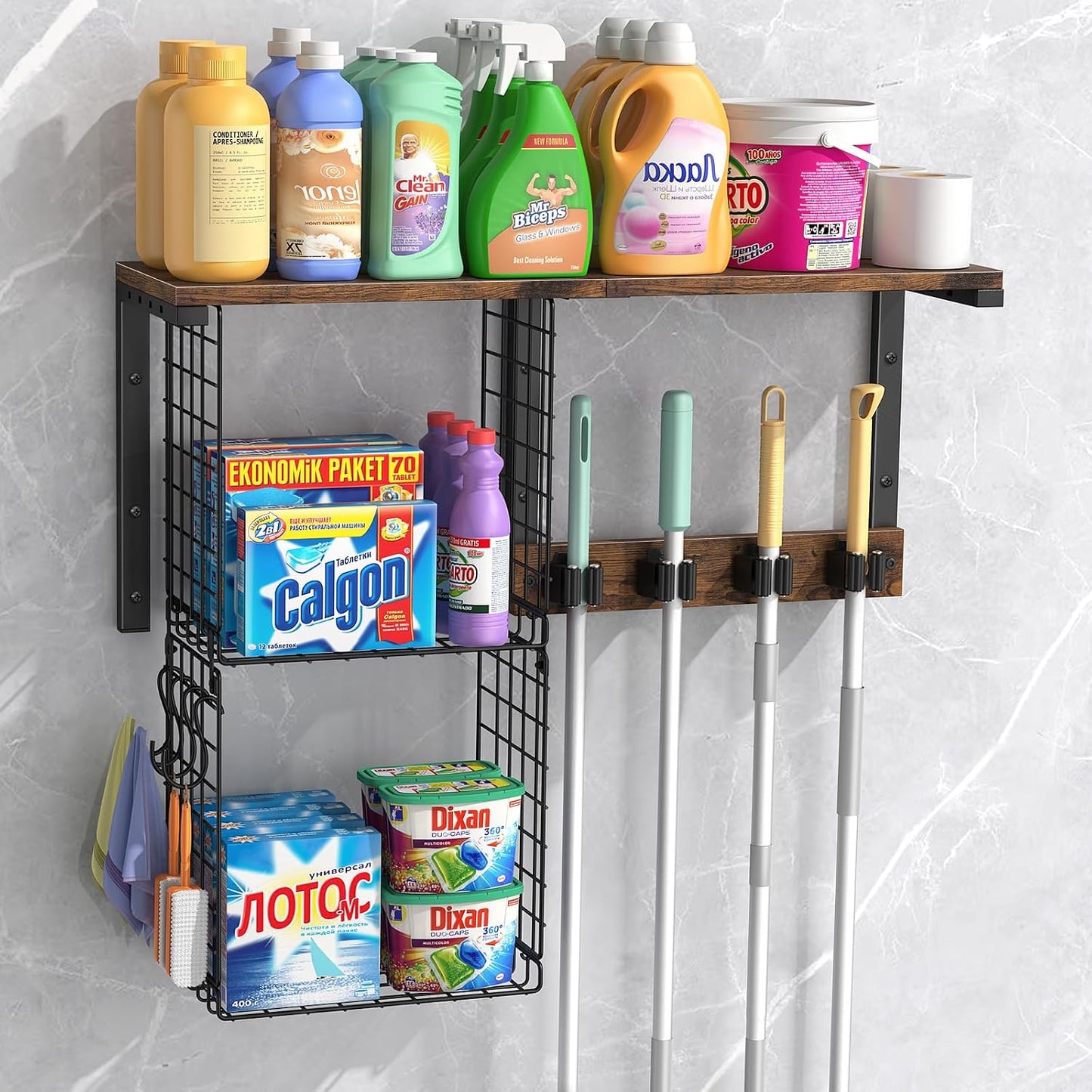 Housolution Wall Mount Broom Holder Laundry Room Storage Organizer Shelves | Thickened Metal Frame, 100 LBS High Load-Bearing, Large Capacity, Multifunctional with 2 Baskets, 4 Grippers & Hooks