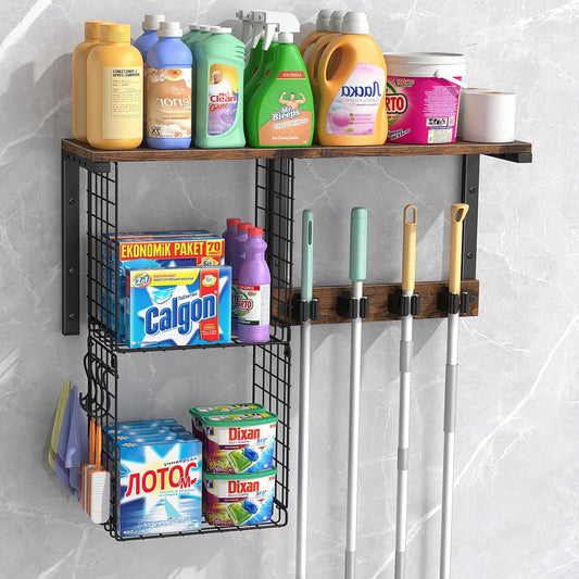 Housolution Wall Mount Broom Holder Laundry Room Storage Organizer Shelves | Thickened Metal Frame, 100 LBS High Load-Bearing, Large Capacity, Multifunctional with 2 Baskets, 4 Grippers & Hooks