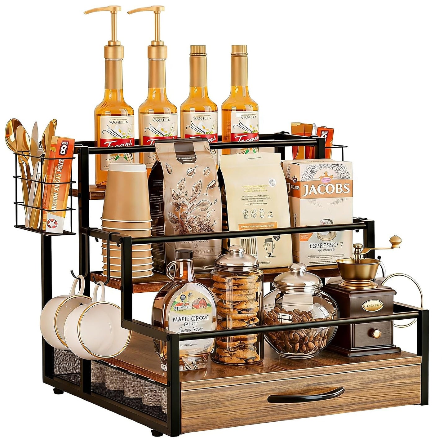 4 Tier Countertop Coffee Syrup Rack Organizer with 36 K Cup Storage | Wooden Sturdy and Space-Saving Coffee Bar Organizer with Drawer Condiment Storage Shelves for Kitchen Home Office Restaurant