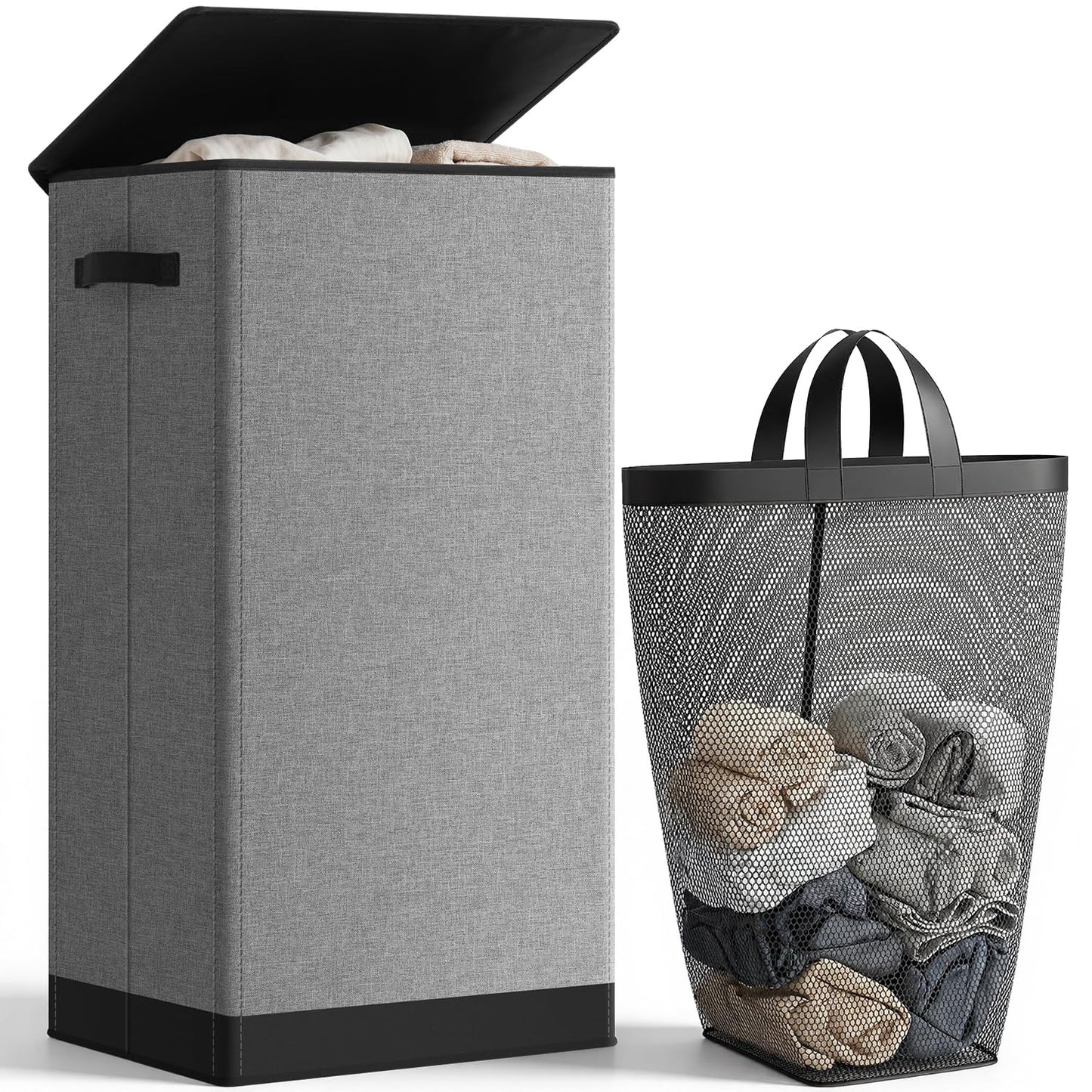 SOLEDI Laundry Hamper with Lid 100L Large & Tall Collapsible Laundry Basket, Clothes Hamper with Bag Removable Easy to Carry, Dirty Hampers for Bedroom, Bathroom, Dorm, College, Grey