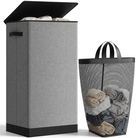 SOLEDI Laundry Hamper with Lid 100L Large & Tall Collapsible Laundry Basket, Clothes Hamper with Bag Removable Easy to Carry, Dirty Hampers for Bedroom, Bathroom, Dorm, College, Grey