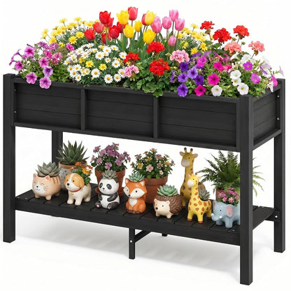 DWVO 48x18x30in Raised Garden Bed Kit, HDPE Planter Box Stand, Poly Wood Weather-Resistant Planter Box with Legs & Storage Shelf, Elevated Garden Bed for Backyard, Patio, Balcony,Black