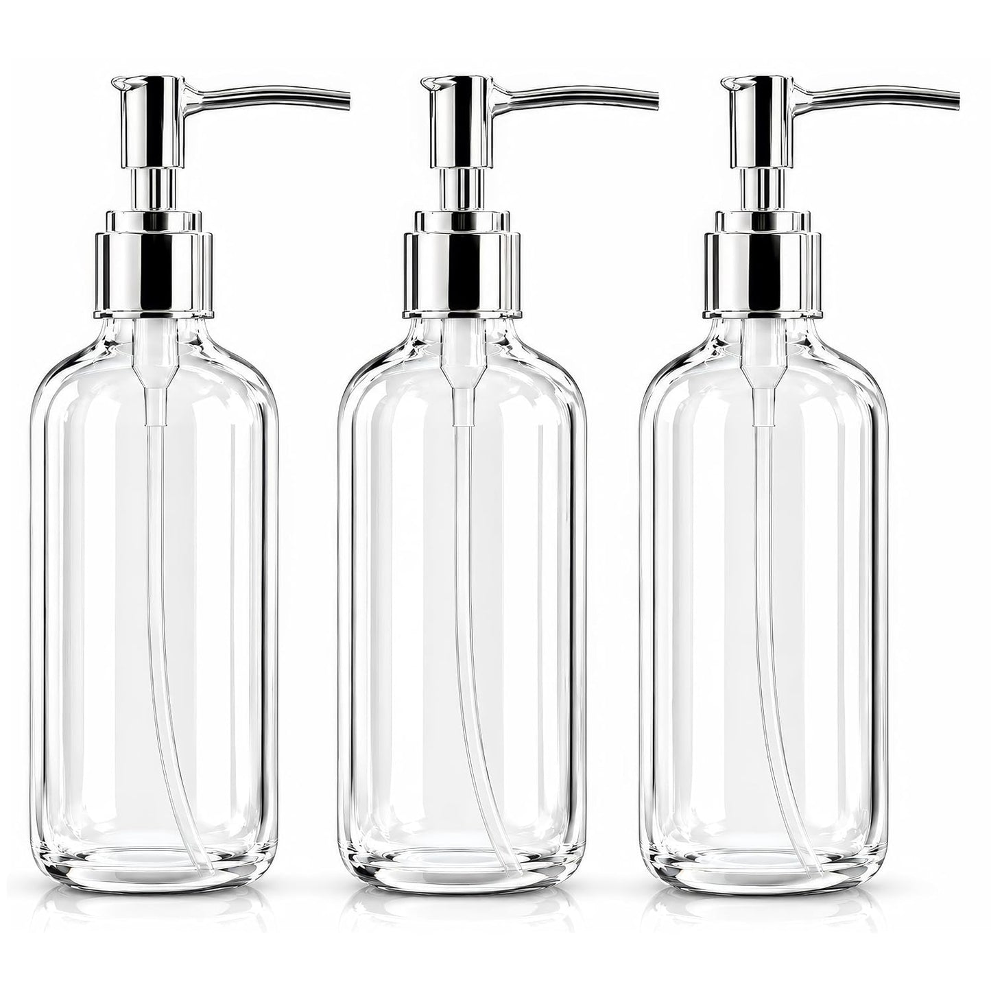Refillable Clear Soap Dispenser Bottles with Pump, 16 oz (3 Pack) | BPA-Free Plastic Boston Round Containers for Hand Soap, Lotion, Shampoo, Kitchen & Bath