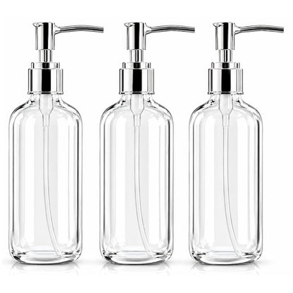 Refillable Clear Soap Dispenser Bottles with Pump, 16 oz (3 Pack) | BPA-Free Plastic Boston Round Containers for Hand Soap, Lotion, Shampoo, Kitchen & Bath