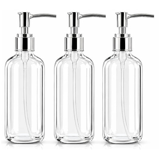 Refillable Clear Soap Dispenser Bottles with Pump, 16 oz (3 Pack) | BPA-Free Plastic Boston Round Containers for Hand Soap, Lotion, Shampoo, Kitchen & Bath