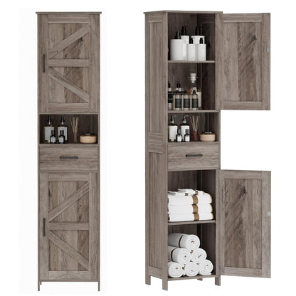 Homhedy 67" H Tall Bathroom Storage Cabinet with Barn Doors and Drawer | Narrow Storage Unit with Adjustable Shelves, Floor Cabinet for Bathroom, Living Room, Entryway or Kitchen, Greige, 15.7" W