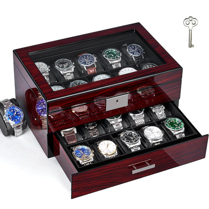 ANWBROAD Watch Box 20-Slot Wooden Watch Case Organizer with Large Glass Lid | 2-Layer Watch Display Case for Men with Removable Watch Pillows, Lockable Watch Storage Box with Piano Paint UJWB002Y
