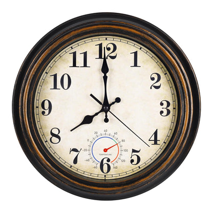 Outdoor Clock Waterproof with Thermometer Wall Clock for Patio Pool Bathroom Kitchen 12 Inch Bronze