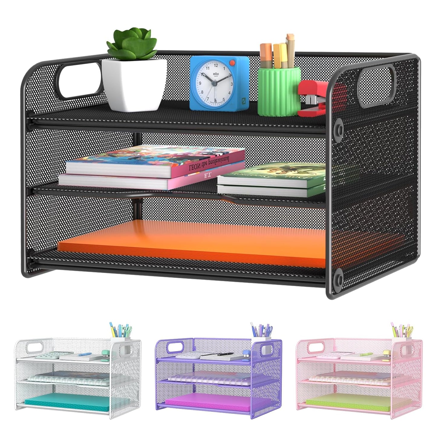 Samstar 3 Tier Letter Tray Paper Organizer with Handle, Mesh Desk Organizer Paper Sorter File Rack Shelves, Black