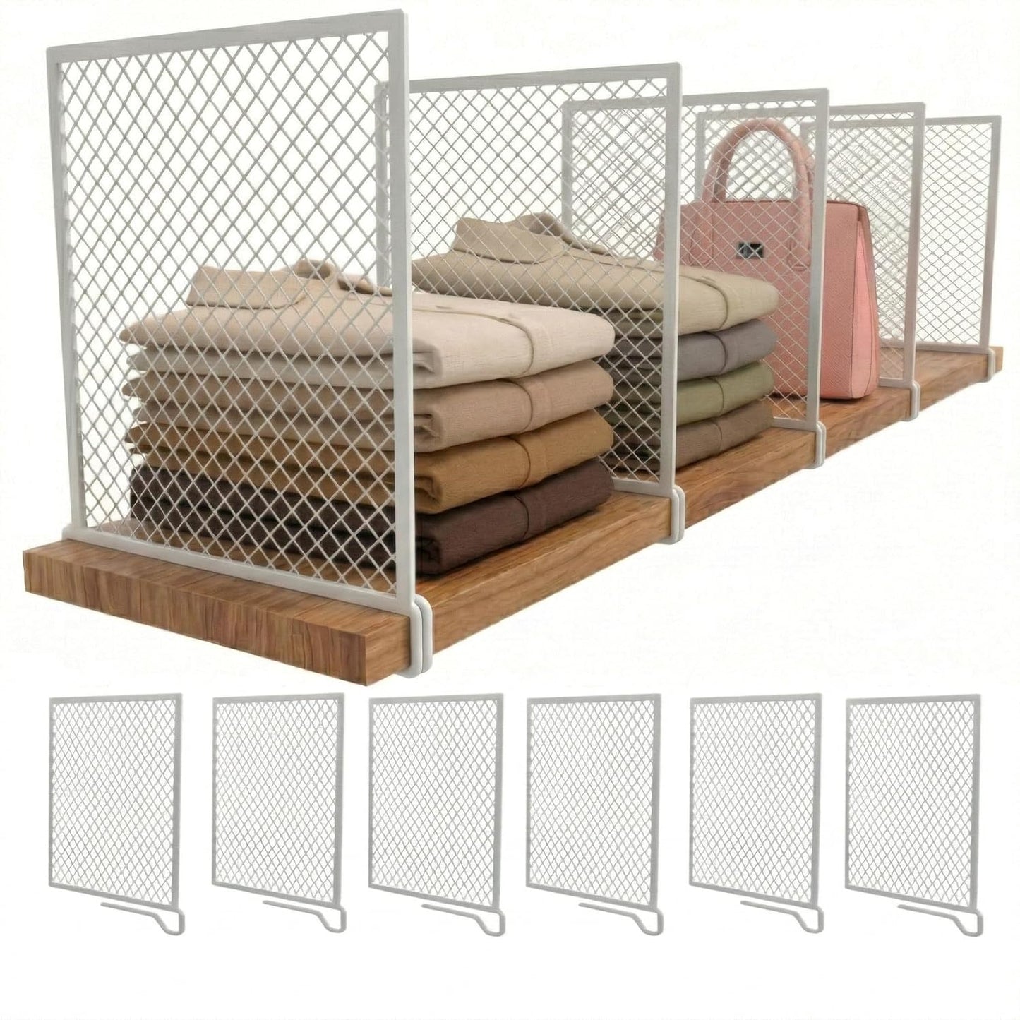 Nexu 6-Pack Metal Mesh Shelf Dividers for Closet Organization, Ultra-Stable Under-Shelf Hook Closet Dividers, Heavy Duty Purse, Handbag & Bag Organizer for Shelving, Clothes, Bedroom, White