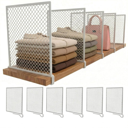Nexu 6-Pack Metal Mesh Shelf Dividers for Closet Organization, Ultra-Stable Under-Shelf Hook Closet Dividers, Heavy Duty Purse, Handbag & Bag Organizer for Shelving, Clothes, Bedroom, White