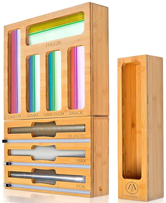 9 in 1 Bamboo Drawer Organizer for Kitchen — Zip Top Bag, Foil and Plastic Wrap Storage with Chalkboard Labels, Fits Gallon Quart Sandwich Snack Bags, Pantry Organization