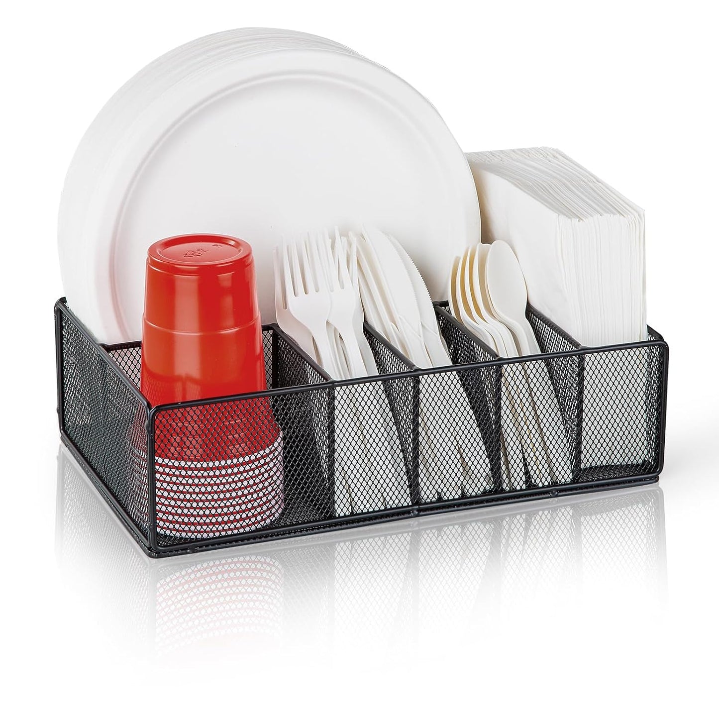 Paper Plate Organizer for Countertop, Metal Silverware Caddy for Cup, Napkin, Fork, Spoon, Paper Plate and Utensil Holder, Cutlery Caddy for Party, Camping, Picnic (Black)