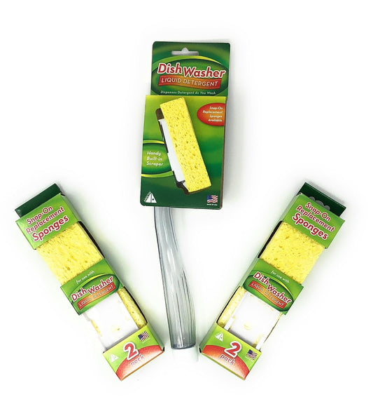 Arrow Dish Sponge w/Soap Dispenser Handle & 4 Refill Sponges - Fillable Dish Wand for Quick, Convenient Cleaning - Easy to Refill - Built-in Scrubber for Dishes & Pans