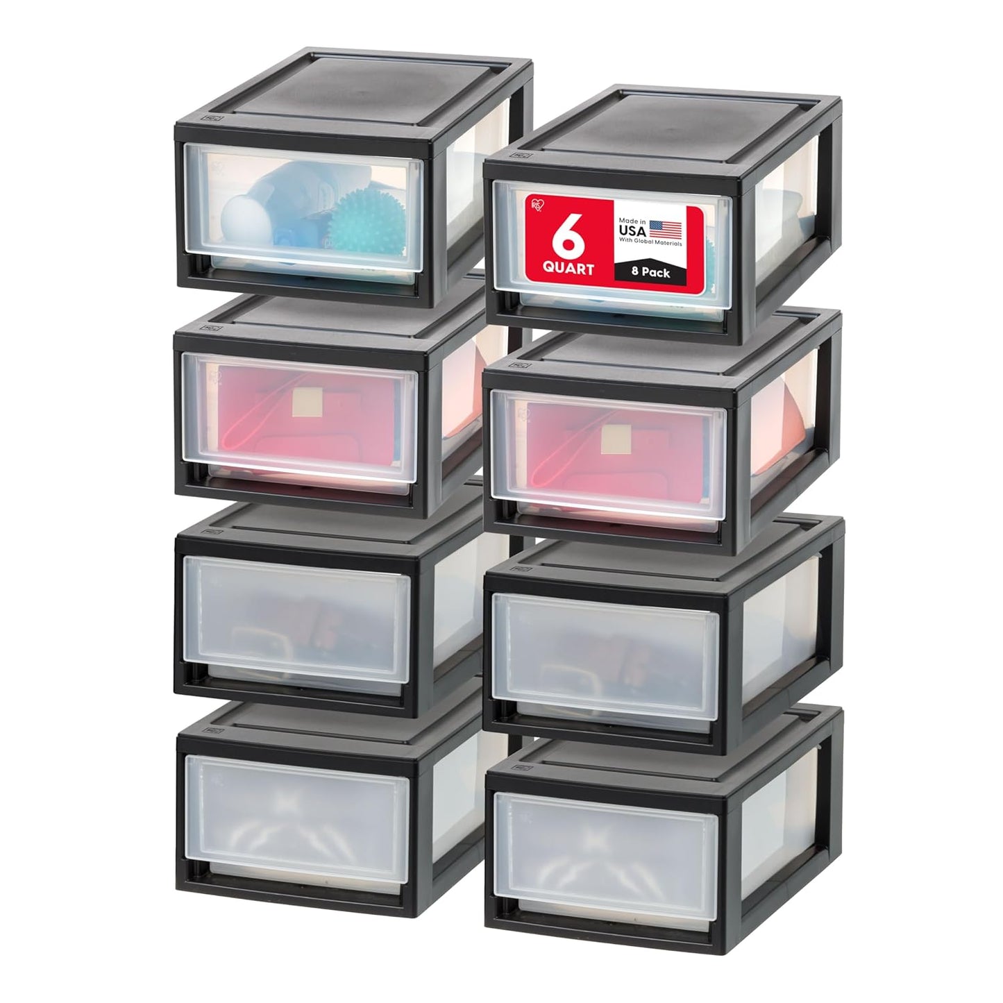 IRIS USA 8-Pack, 6 Qt. Small Stacking Drawer Storage Organizer, Black | Organize craft supplies, accessories, office items, and small essentials around your home with separate storage spaces