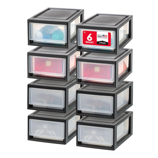 IRIS USA 8-Pack, 6 Qt. Small Stacking Drawer Storage Organizer, Black | Organize craft supplies, accessories, office items, and small essentials around your home with separate storage spaces
