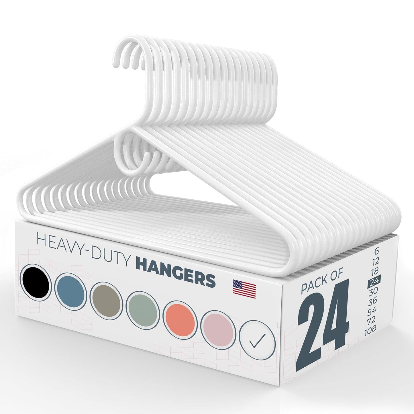 Heavy Duty Clothes Hangers 20 Pack (24 Count) – Made in the USA – 8lb Capacity Plastic Hangers for Adult Clothing – Durable for Pants, Coats, Jackets, or Jeans – White