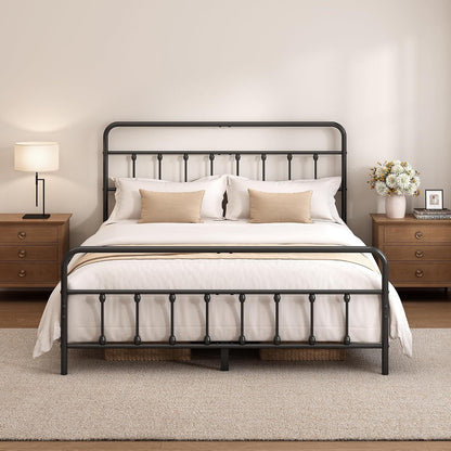 Queen Size Black Metal Bed Frame with Headboard and Footboard, 12 Inch Underbed Storage Space, Heavy Duty Mattress Foundation with Steel Slat Support No Box Spring Needed