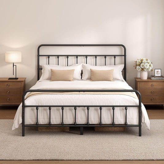 Queen Size Black Metal Bed Frame with Headboard and Footboard, 12 Inch Underbed Storage Space, Heavy Duty Mattress Foundation with Steel Slat Support No Box Spring Needed