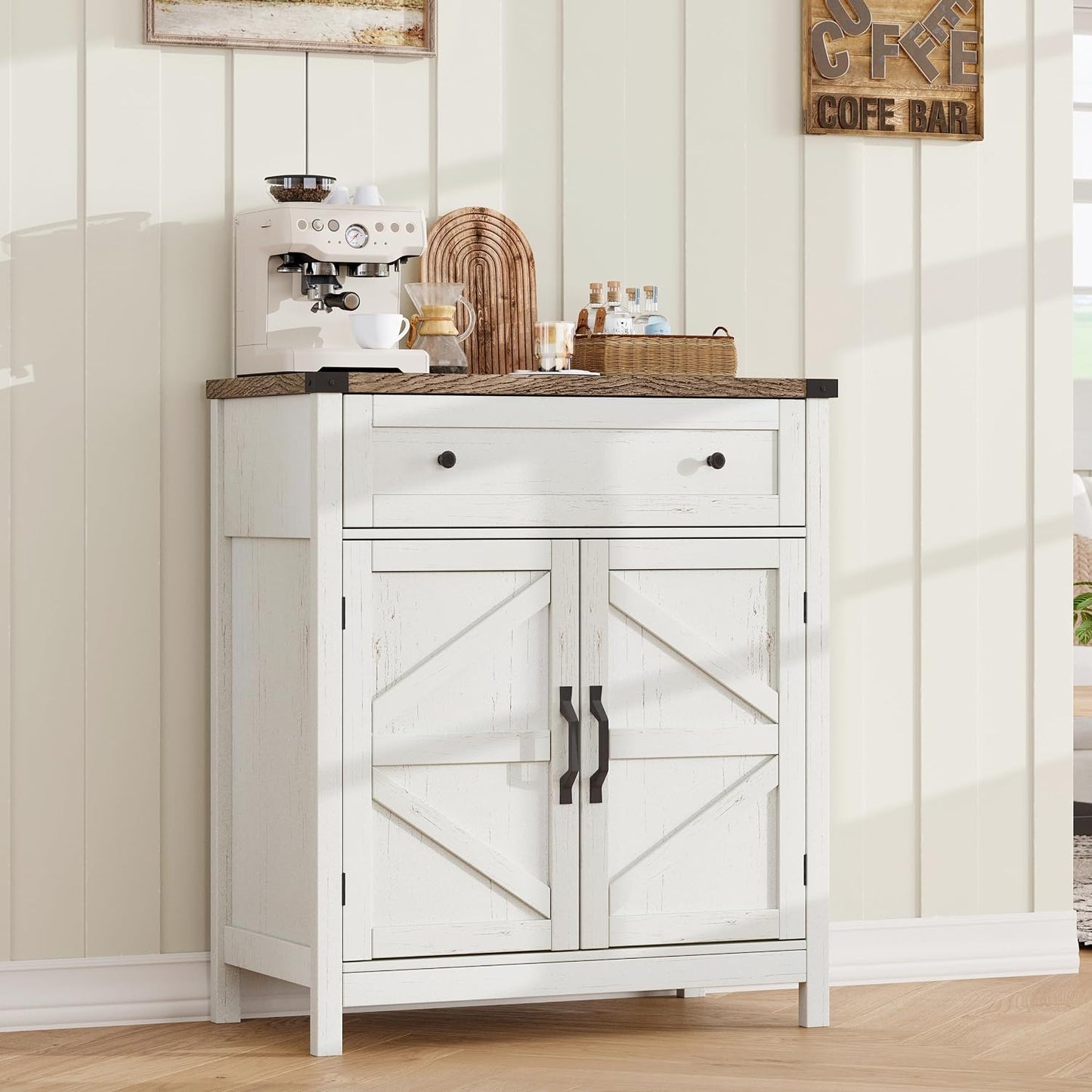ChooChoo 30" W Coffee Bar Cabinet, Kitchen Storage Cabinet with Drawer | Small Buffet Cabinet, Farmhouse Sideboard Buffet, Adjustable Shelf, Rustic White