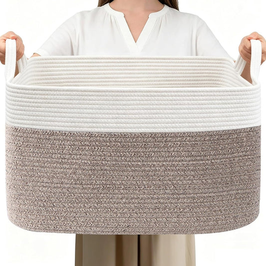 65L Laundry Basket with Handles, Woven Blanket Bas... (White & Brown | Cotton)
