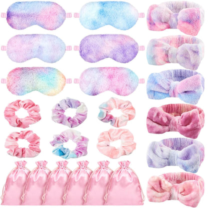 Wavwavw 24 Pcs Sleepover Supplies for Women Spa Headband Plush Eye Mask Bow Makeup Headbands Storage Bags Pajama Party Favors for Birthday Spa Bachelorette Party