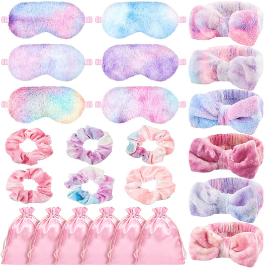 Wavwavw 24 Pcs Sleepover Supplies for Women Spa Headband Plush Eye Mask Bow Makeup Headbands Storage Bags Pajama Party Favors for Birthday Spa Bachelorette Party