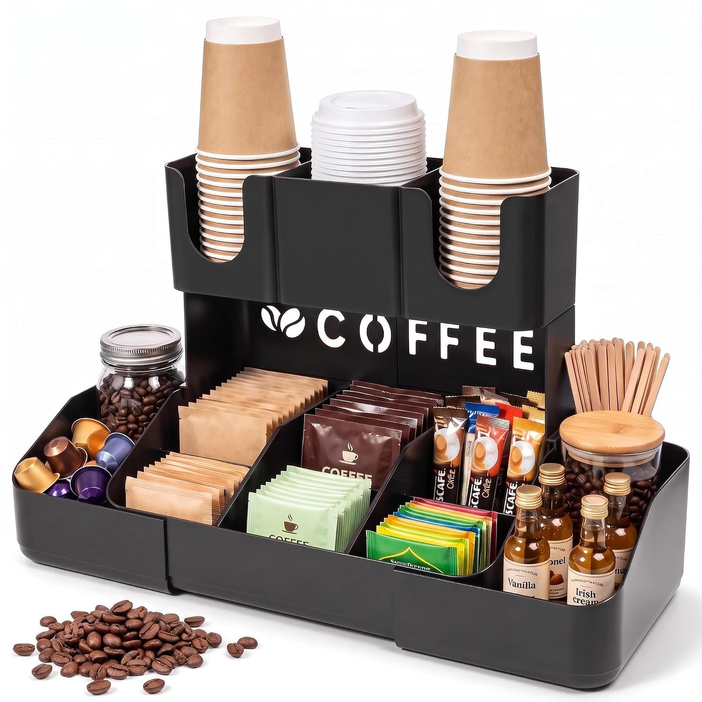 Expandable 2 Tier Coffee Station Organizer, Coffee Bar Organizer with 11 Compartments & Cup Holder Rack, Coffee Pod Holder for K Cups, Tea Bags, Sugar Packets, Countertop Coffee Accessories Storage