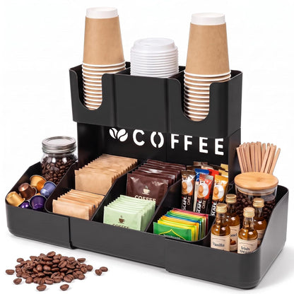 Expandable 2 Tier Coffee Station Organizer, Coffee Bar Organizer with 11 Compartments & Cup Holder Rack, Coffee Pod Holder for K Cups, Tea Bags, Sugar Packets, Countertop Coffee Accessories Storage