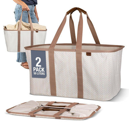 Collapsible Fabric Laundry Basket Tote Premium, Herringbone, 2 Pack | Bring a Polished Look to Laundry Day | Cotton-Blend Fabric and Vegan Leather Pair with Long Handles and 55 lb Support
