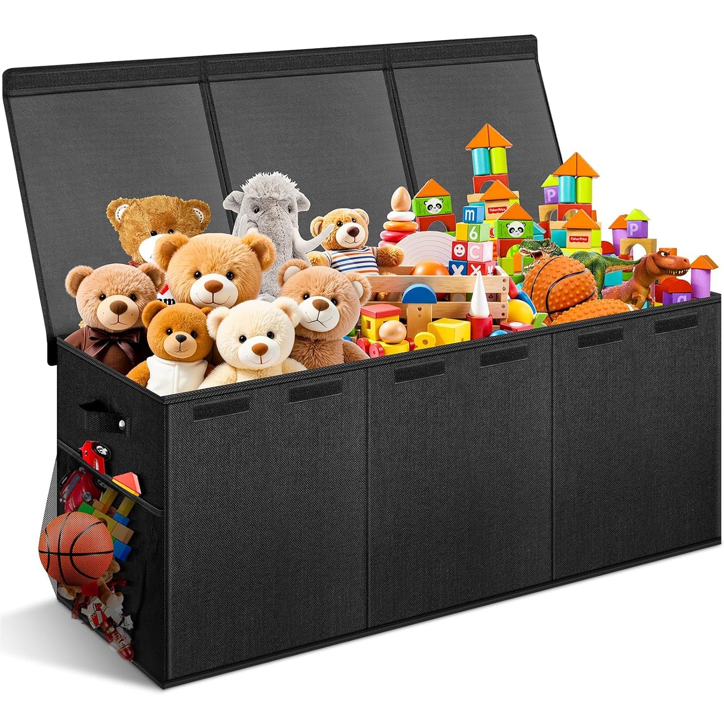 Extra Large Toy Box with Lids, Collapsible Storage Bin, 38"x16"x14",Black | Sturdy Chest Basket with Dividers for Boys & Girls, Bedroom Nursery Playroom Organization