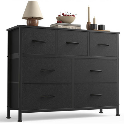 Sweetcrispy 7 Drawer Fabric Dresser for Bedroom Storage with Bins, Black | Anti-Tip Closet Organizer with Wooden Top and Sturdy Steel Frame, Spacious Drawers for Clothes Storage, Hallway Entryway