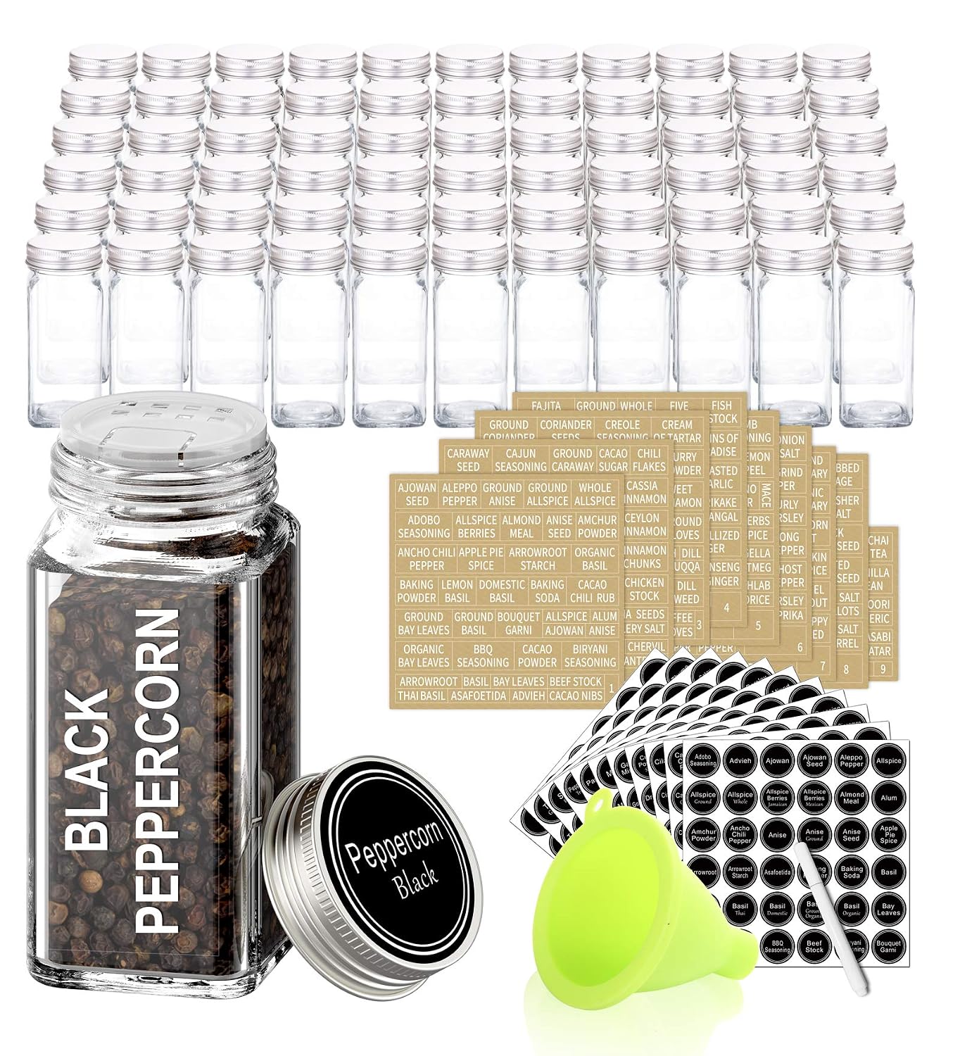 66 Pcs 4 oz Glass Spice Jars with Shaker Lids and 703 Spice Labels