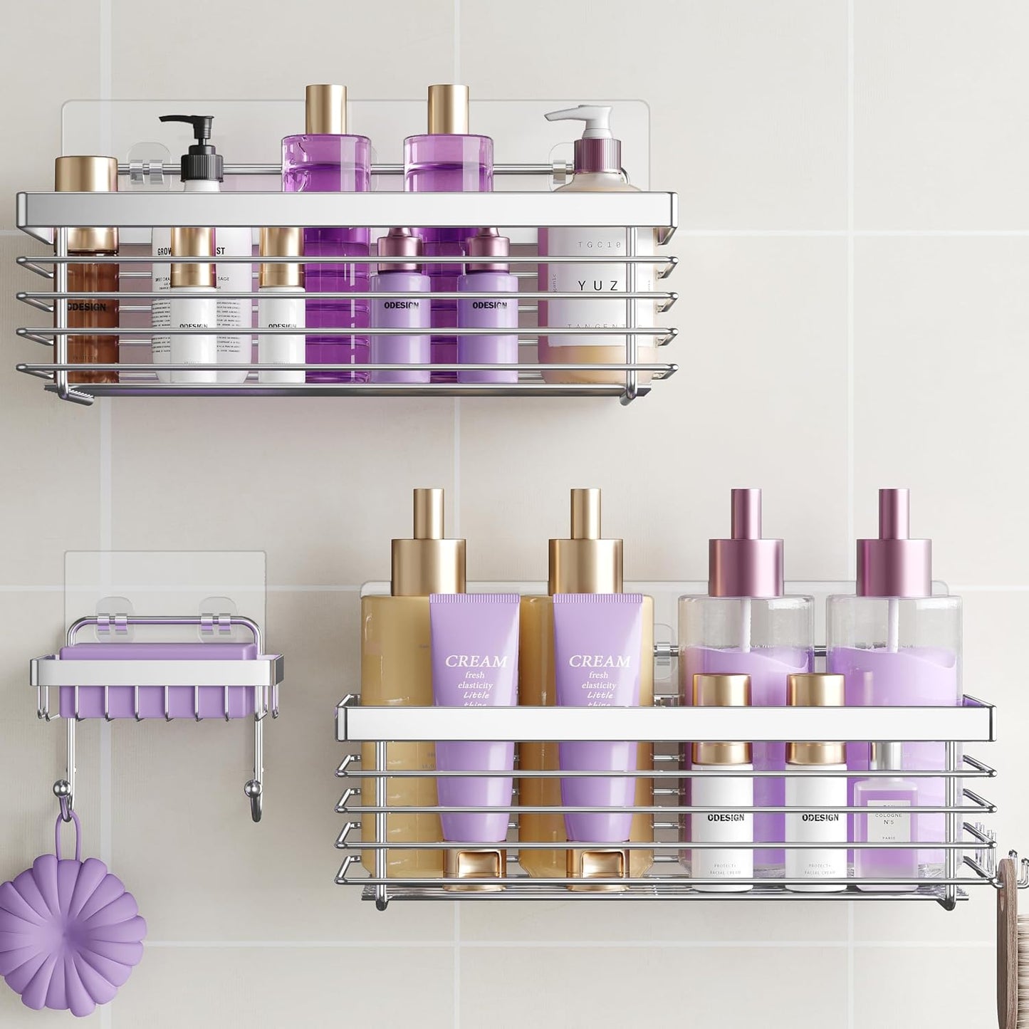 Shower Caddy Adhesive 3 Pack Stainless Steel Storage Organizers-Silver | No drilling wall mounted,rust-resistant,large capacity,quick drainage,easy to clean,suitable for bathrooms and kitchens