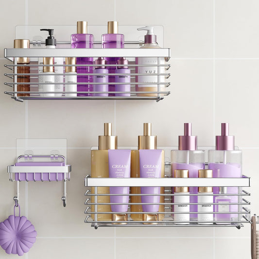 Shower Caddy Adhesive 3 Pack Stainless Steel Storage Organizers-Silver | No drilling wall mounted,rust-resistant,large capacity,quick drainage,easy to clean,suitable for bathrooms and kitchens