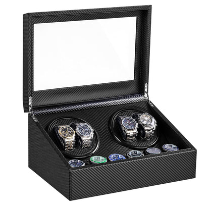 Watch Winder for Automatic Watches, Automatic Watch Winder | 4 Watch Winder with 6 Slots, Carbon Fiber Finish, Ultra-Quiet Japanese Motor, Adjustable Pillows, Present Box Packaging