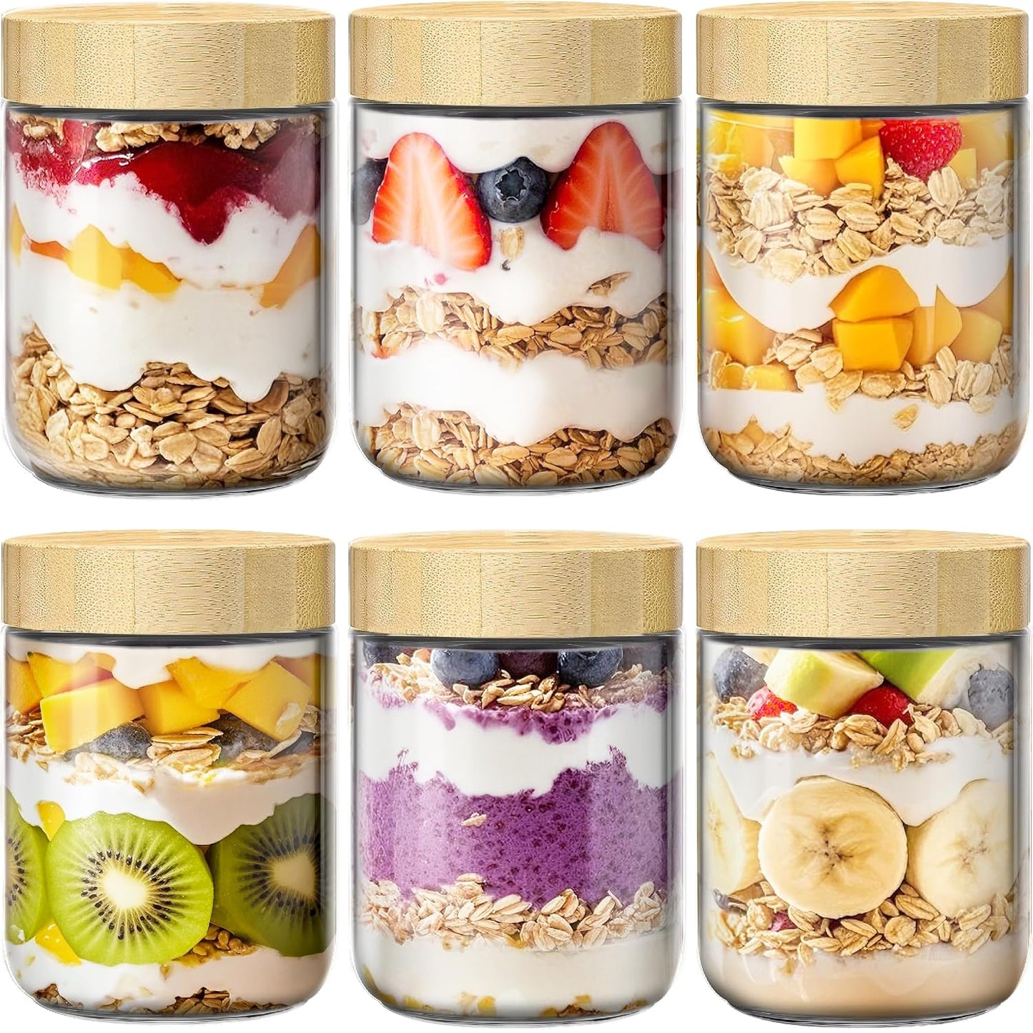 16 oz Overnight Oats Containers with Bamboo Lids, Glass Mason Jars 6 Pack