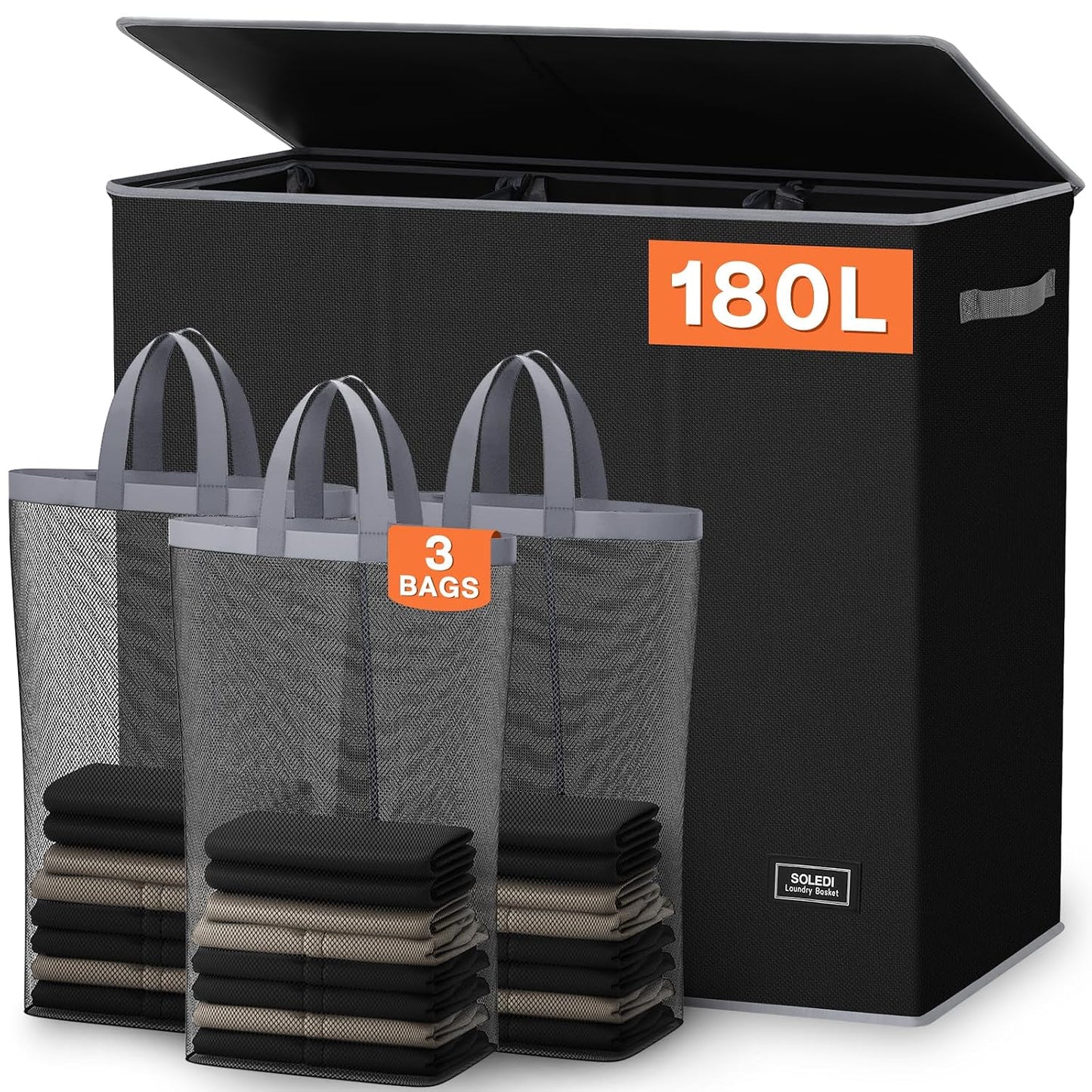 SOLEDI 180L Laundry Hamper 3 Section, Extra Large Laundry Hamper with Lid, Dirty Clothes Hamper with Sturdy Handle, Large Laundry Basket Organizer for Laundry Room, Bedroom, Hampers for Laundry