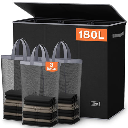 SOLEDI 180L Laundry Hamper 3 Section, Extra Large Laundry Hamper with Lid, Dirty Clothes Hamper with Sturdy Handle, Large Laundry Basket Organizer for Laundry Room, Bedroom, Hampers for Laundry