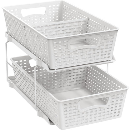 Simple Houseware 2 Tier Pull-Out Sliding Drawer Under Sink Storage, White | Great for Kitchen Bathroom Tray Shelf Organizer