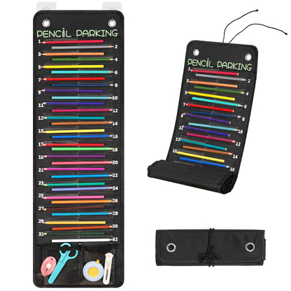 32-Pocket Pencil Parking for Classroom, Hanging Pencil Holder Wall Organizer | Numbered Portable Pencil Parking Pocket Chart, Pencil Holder for Classroom Organization, School Storage Supplies (Black)