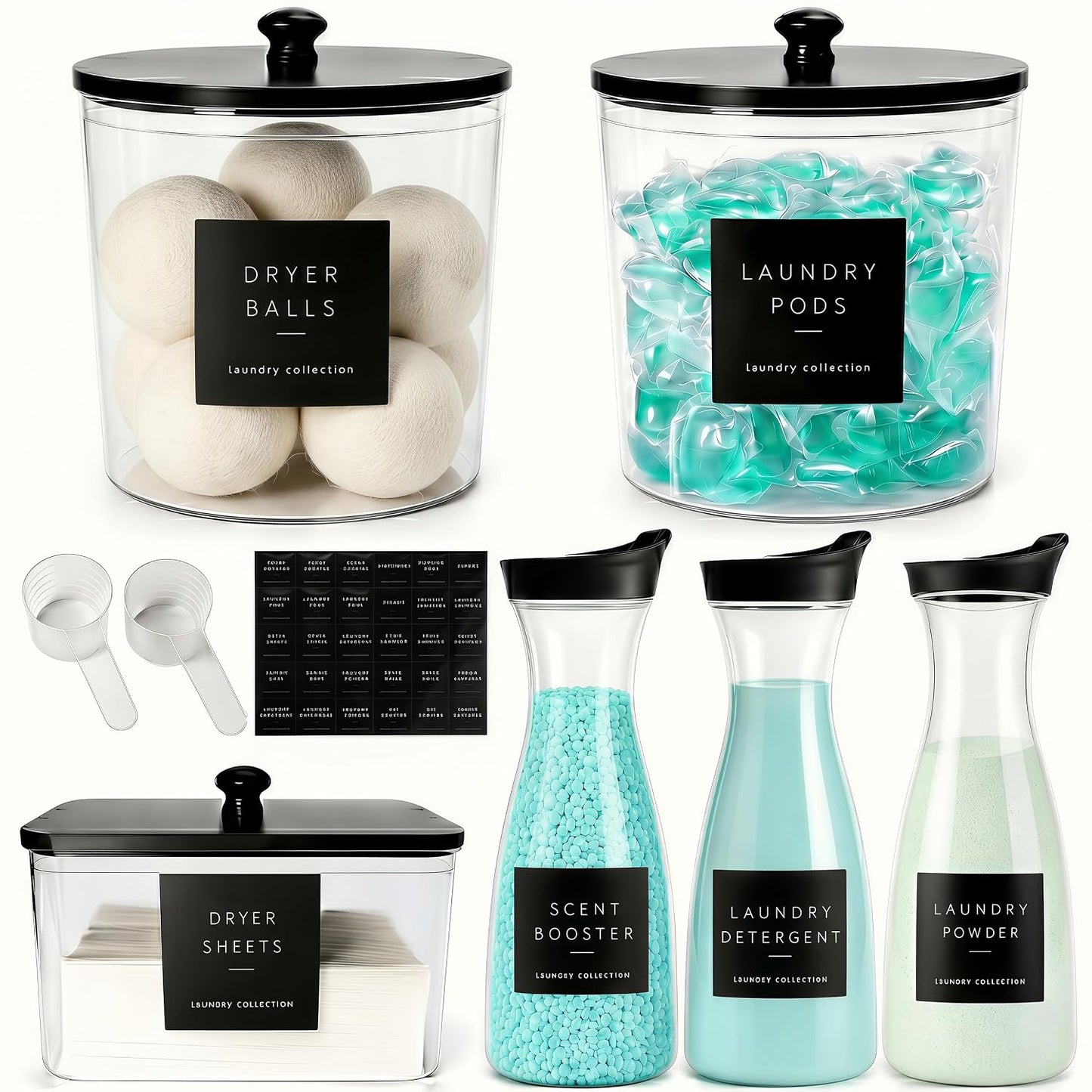 Laundry Room Organization Set, 3 Containers, 3 Dispensers, Black | 3 liquid laundry detergent dispensers, 2 laundry pods containers, 1 dryer sheet holder, with wood lids, labels and scoops