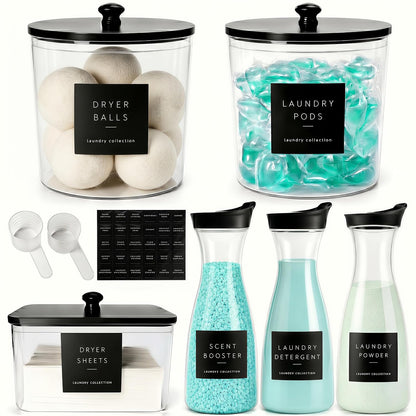 Laundry Room Organization Set, 3 Containers, 3 Dispensers, Black | 3 liquid laundry detergent dispensers, 2 laundry pods containers, 1 dryer sheet holder, with wood lids, labels and scoops