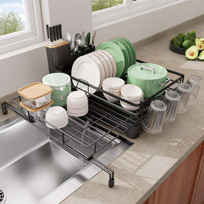 Dish Drying Rack - Expandable Large Dish Rack Over Sink | Drying Dish Drainer for Kitchen Counter, Stainless Steel Dish Strainer with Utensil Holder & Cup Holder, Black