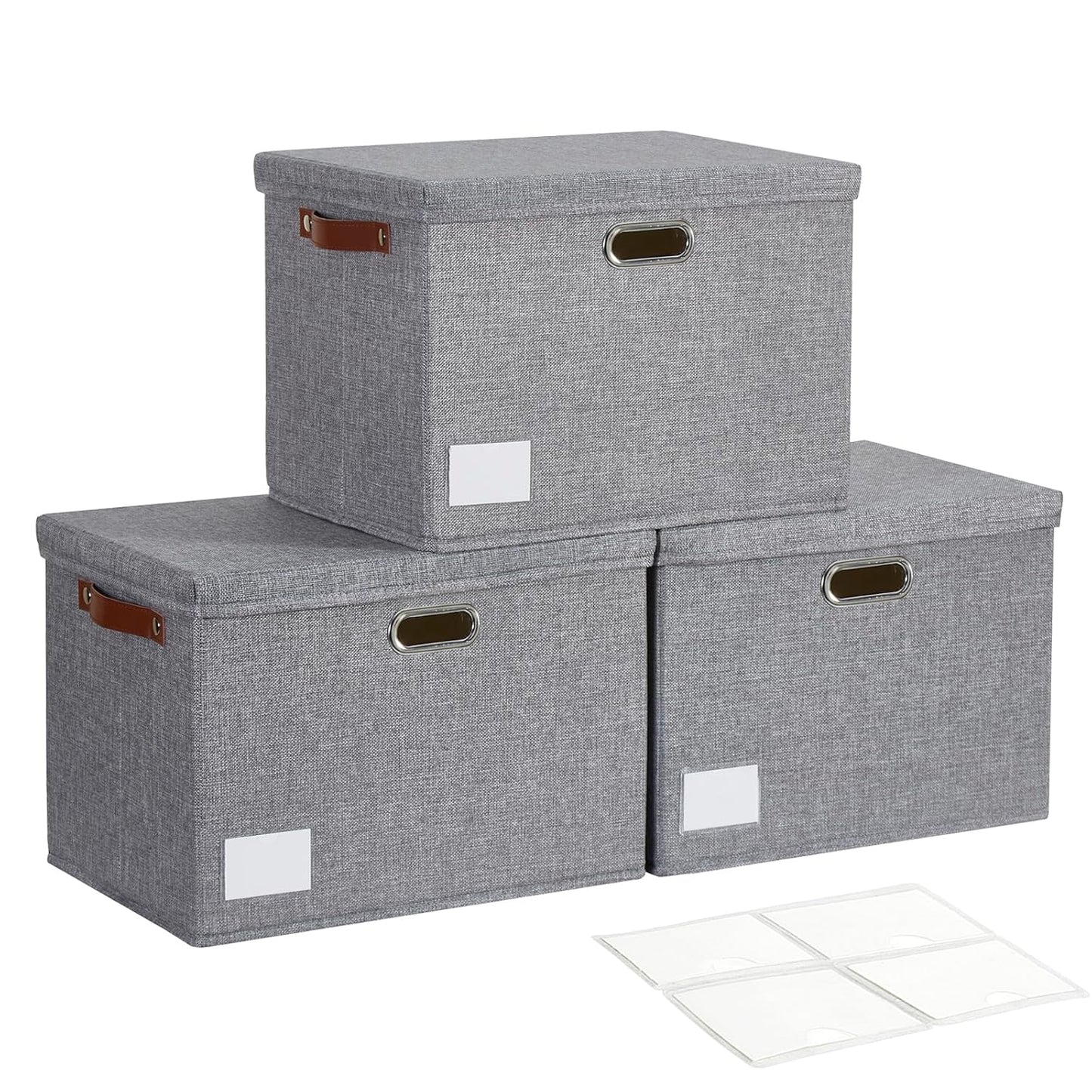 17" Large Collapsible Storage Bins with Lids, Stackable Closet Organizers with PU Handle and Labels, 3-Pack Decorative Fabric Storage Boxes for Home, Bedroom, Closet, Office, Nursery(Gray)