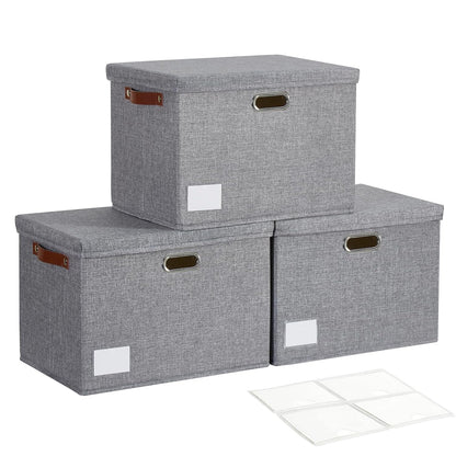 17" Large Collapsible Storage Bins with Lids, Stackable Closet Organizers with PU Handle and Labels, 3-Pack Decorative Fabric Storage Boxes for Home, Bedroom, Closet, Office, Nursery(Gray)