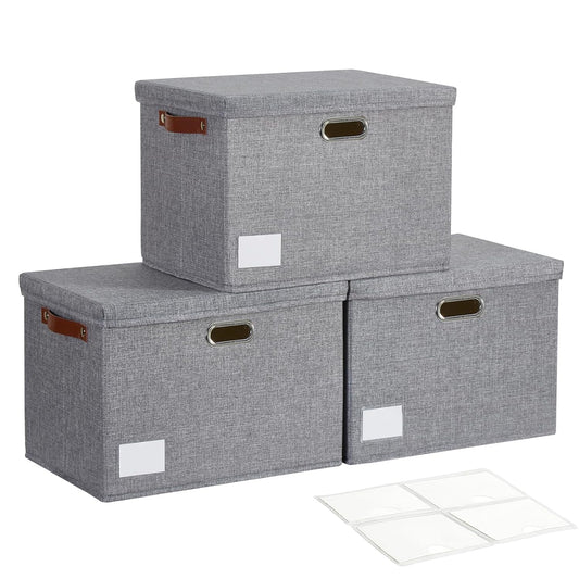 17" Large Collapsible Storage Bins with Lids, Stackable Closet Organizers with PU Handle and Labels, 3-Pack Decorative Fabric Storage Boxes for Home, Bedroom, Closet, Office, Nursery(Gray)