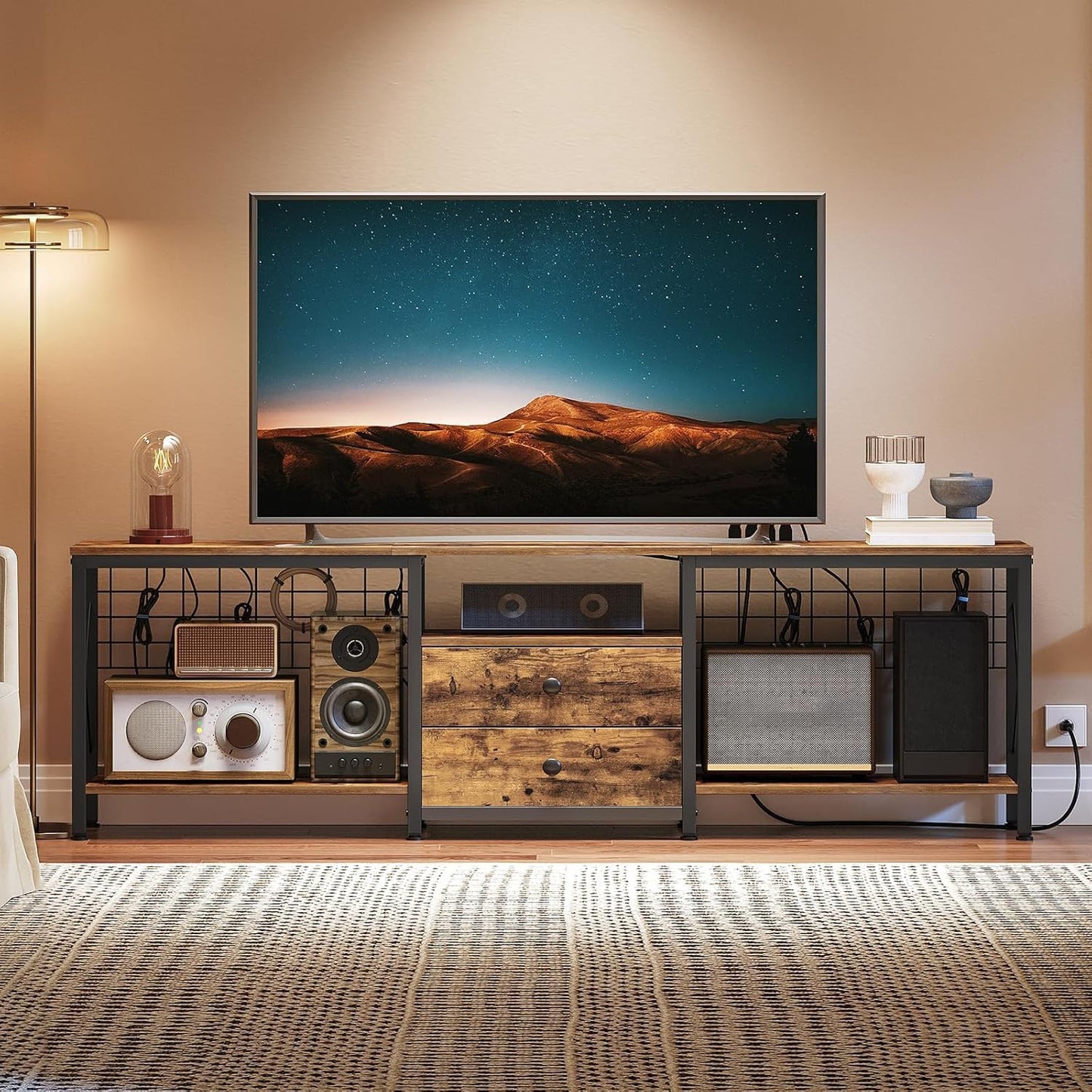 TV Stand with Power Outlet Up to 75 Inch, Entertainment Center with 2 Fabric Drawers, TV Console Table with Open Storage Shelves for TVs, Cable Management, for Living Room, Bedroom, DS18UBRY1