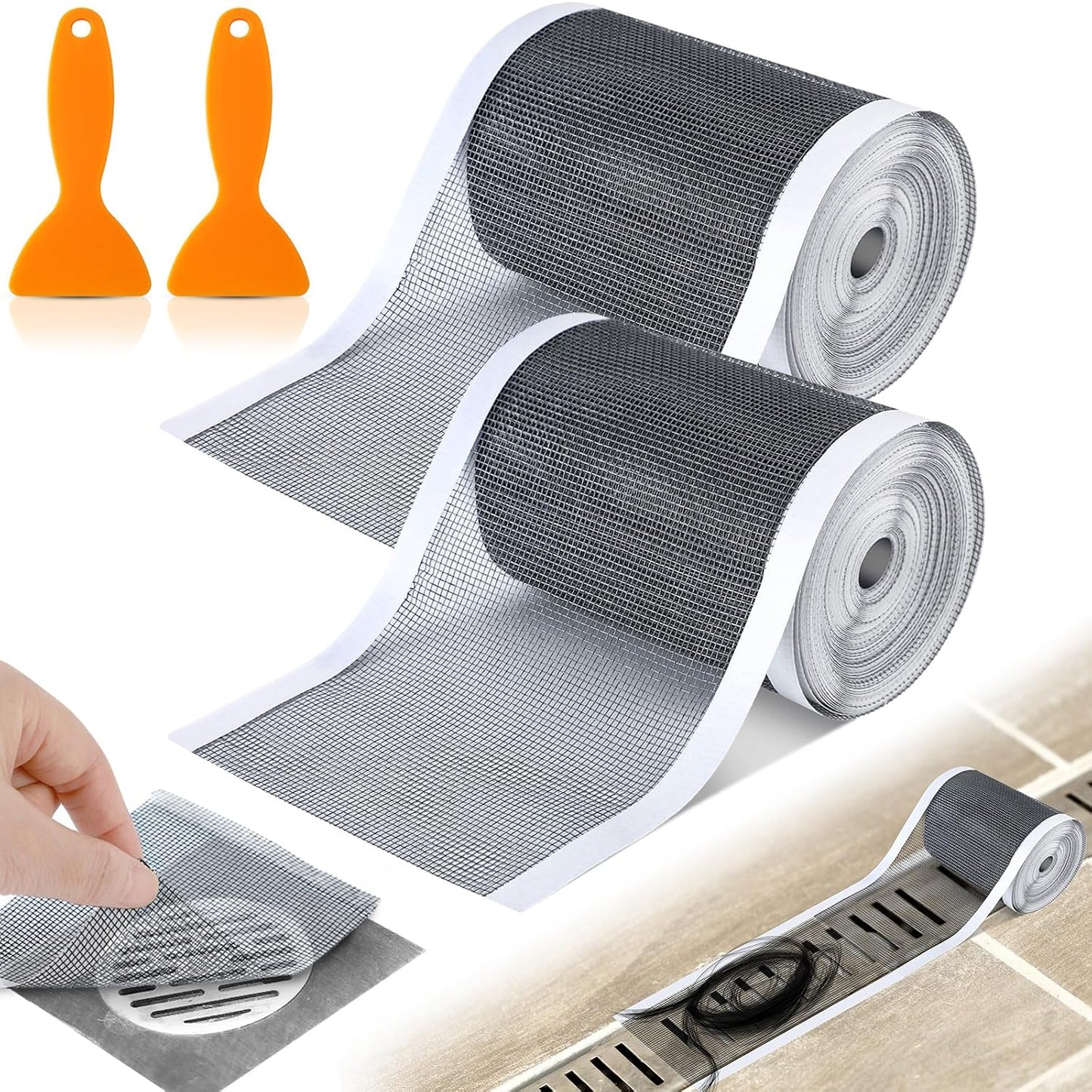 2 Pack 4 Inch x 33 ft Linear Shower Drain Hair Catcher Screen Disposable Adhesive Cutable Mesh Shower Drain Cover Stickers for Linear DIY Floor with Removal Tool for Bathroom Kitchen Bathtub